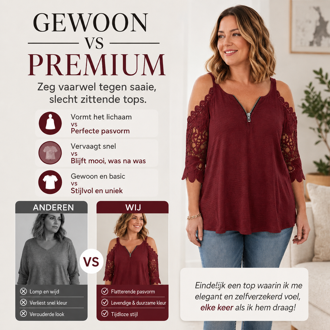 Anja™ | Elegante Off-Shoulder Kanten Top Met Ritssluiting