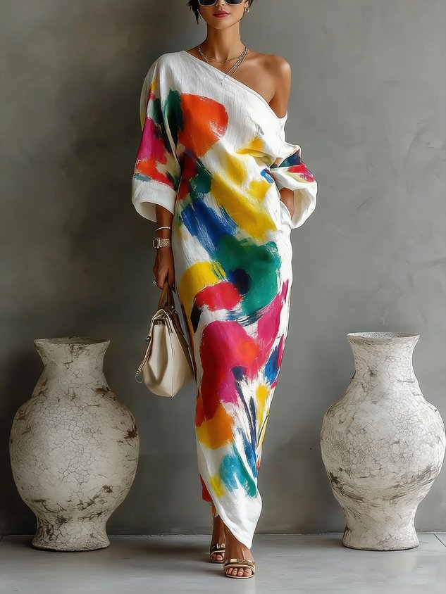 Daniella | Soepelvallende Abstracte Maxi Jurk