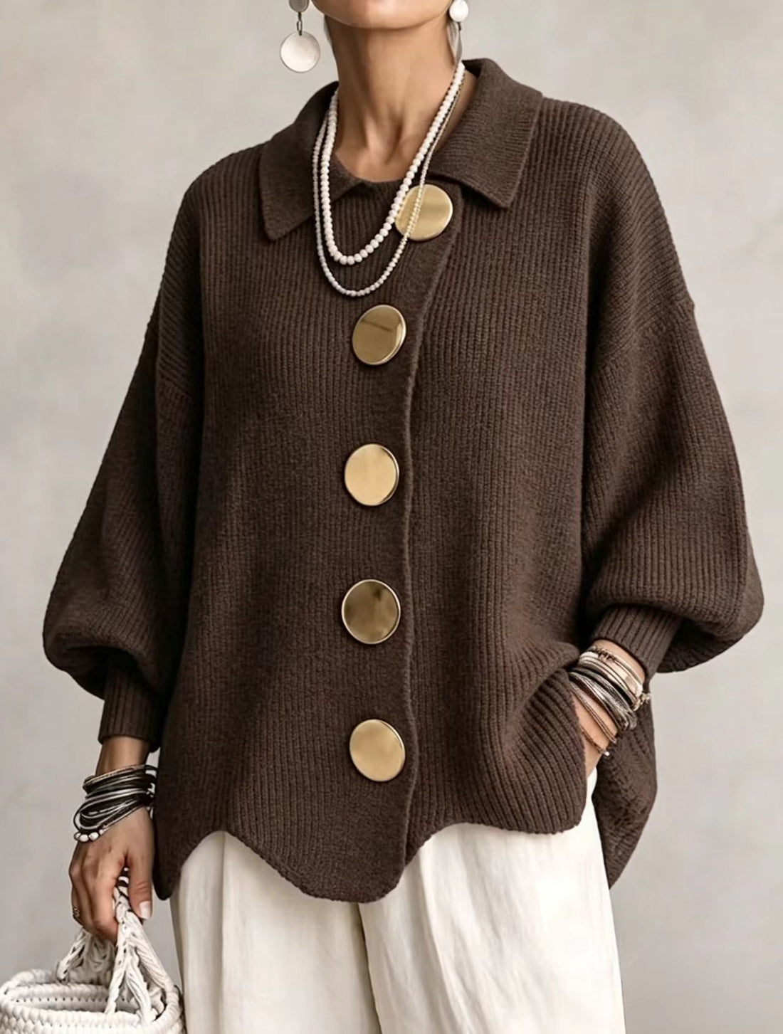 Annette™ | Elegante Oversized Vest met Grote Gouden Knopen