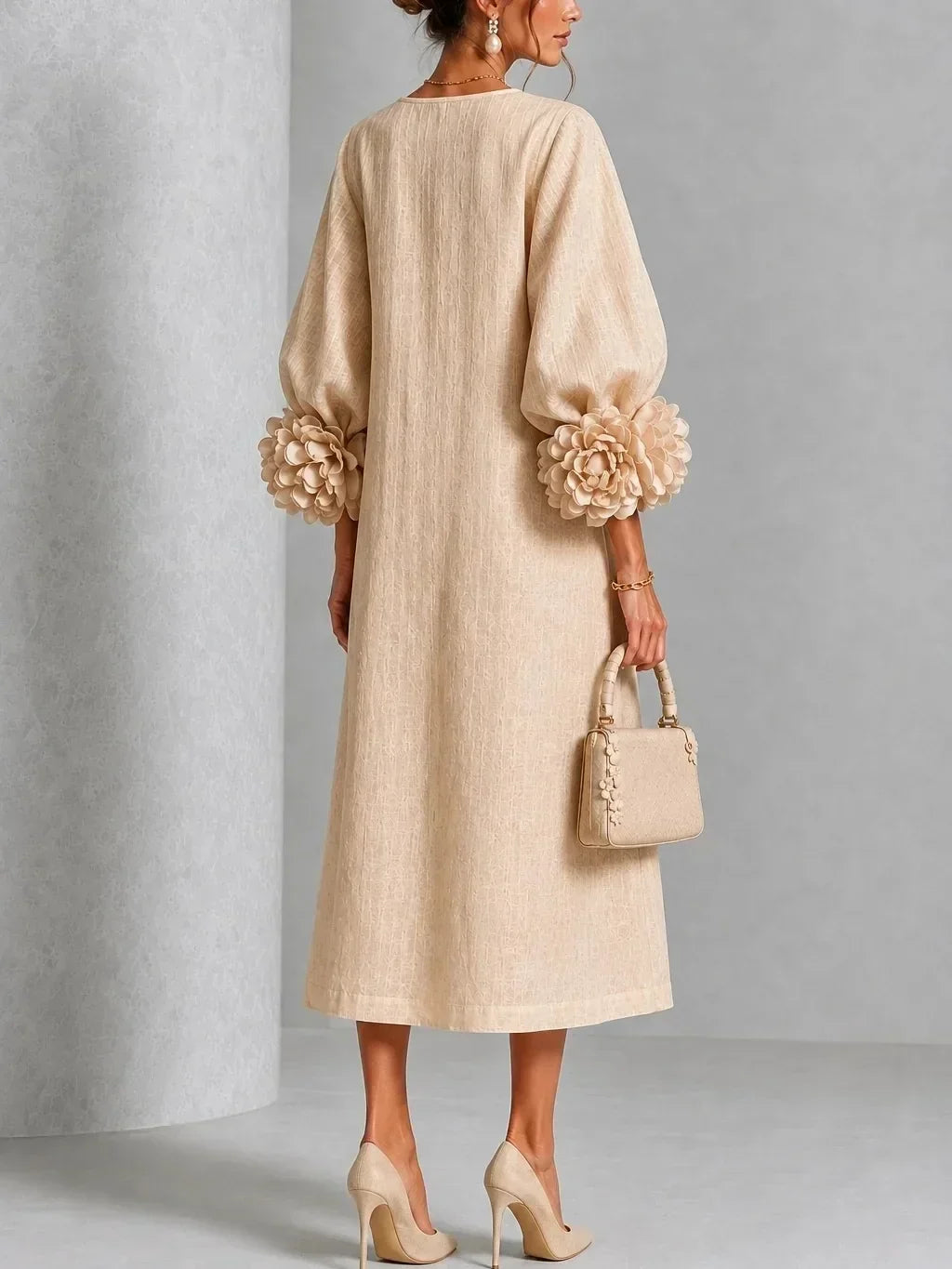 Sore™ | Elegante Buikbedekkende Midi Jurk Met Bloemenmouwen