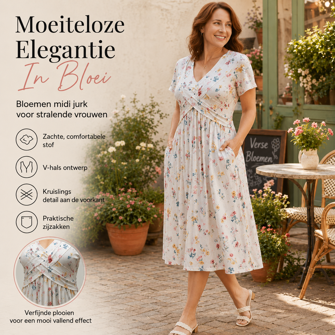 Marloes™ | Gebloemde Buikcamouflerende Midi Jurk Met V-Hals