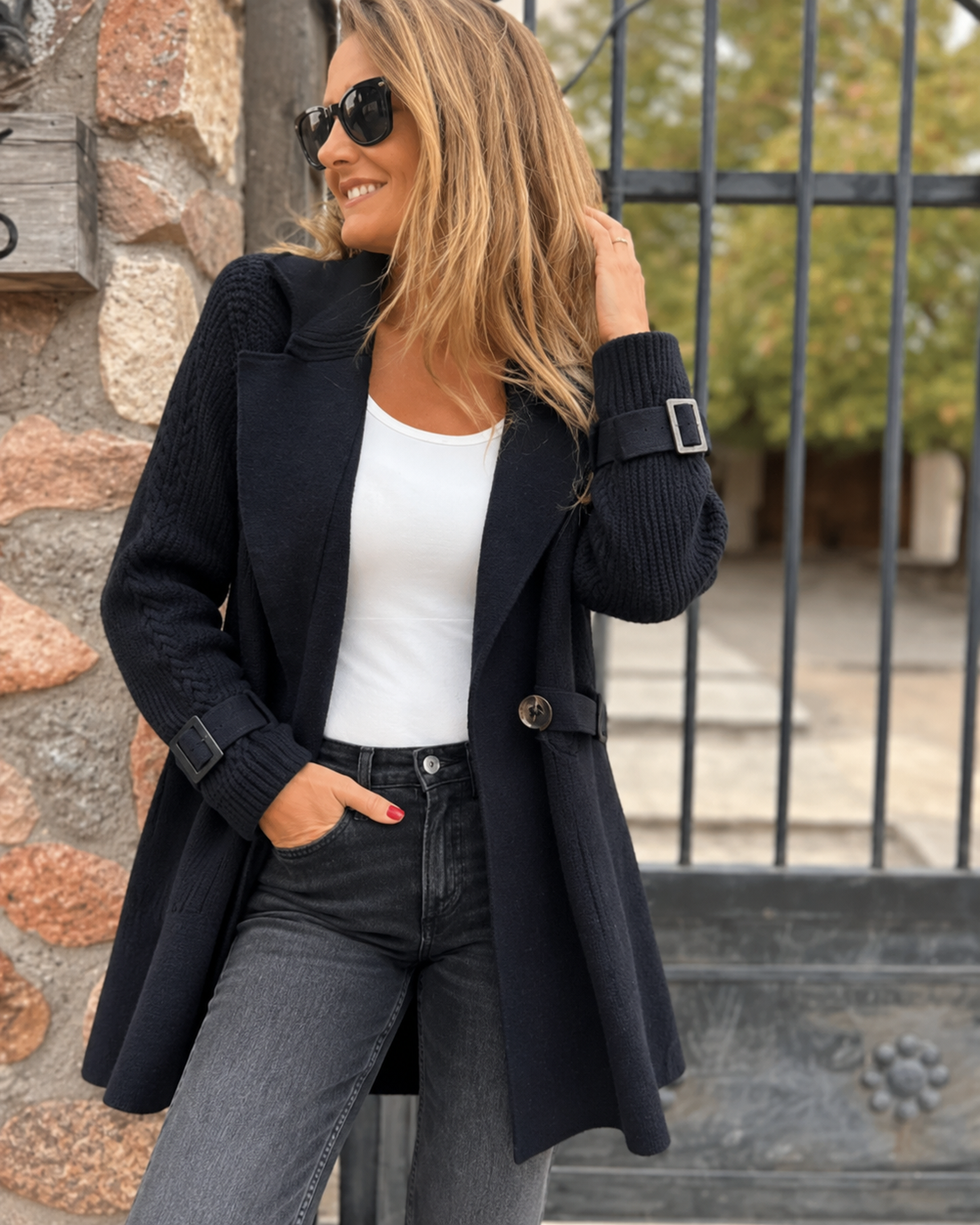 Hiley™ | Elegante Double-Breasted Jas met Gebreide Mouwen