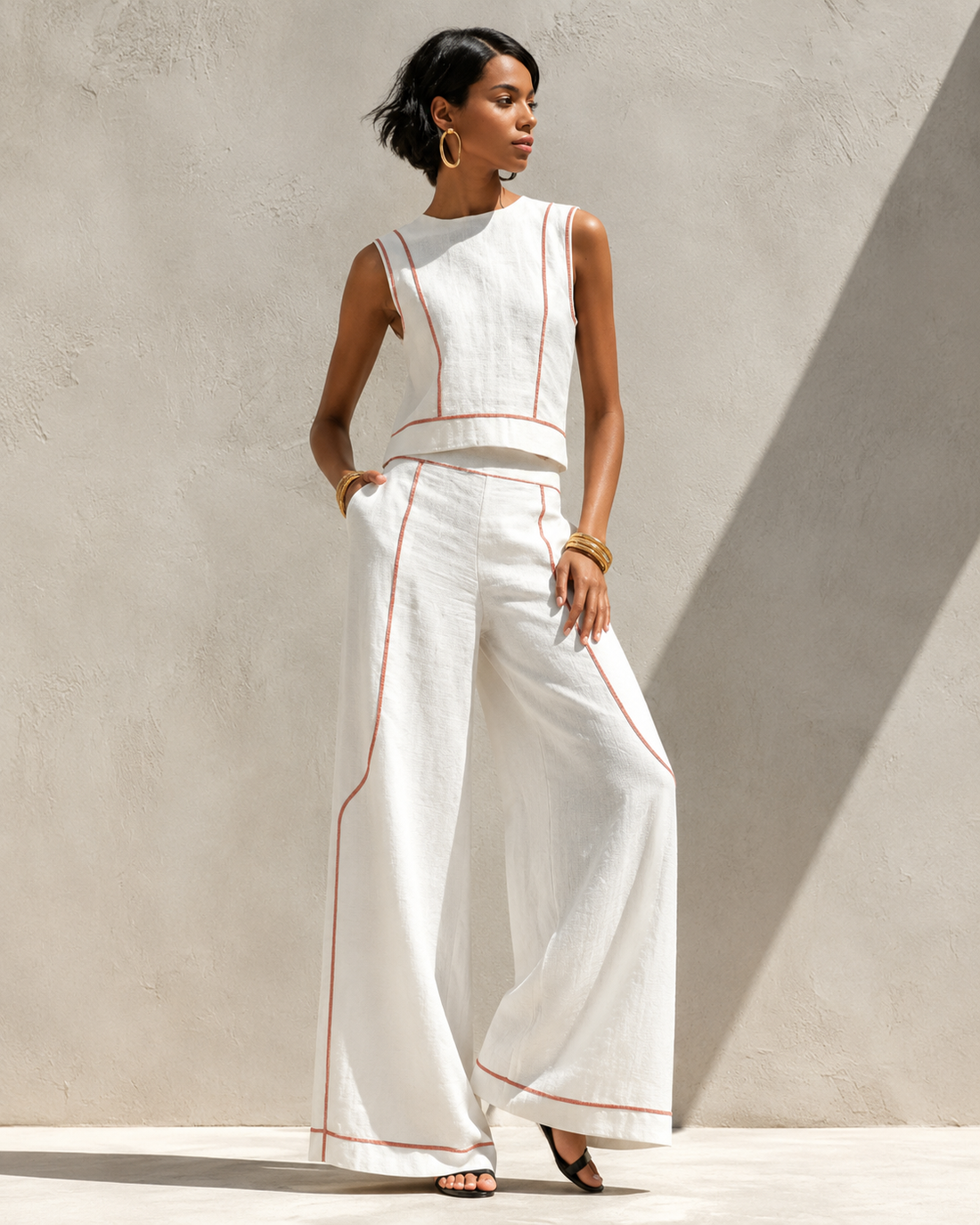Bianca | Elegante Witte Co-ord Set Met Wijde Pijpen