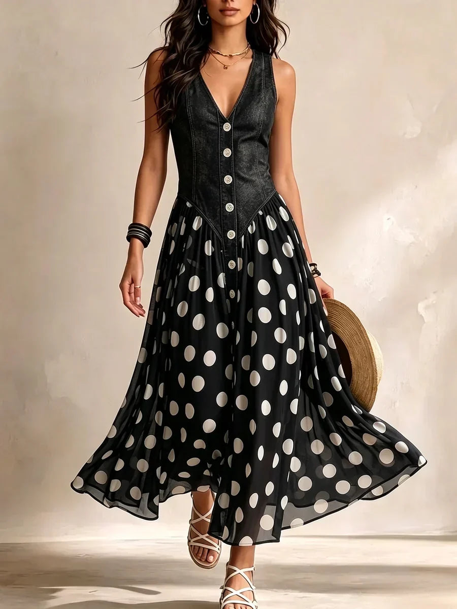 Bianca™ | Denim Maxi Jurk Met Stippen