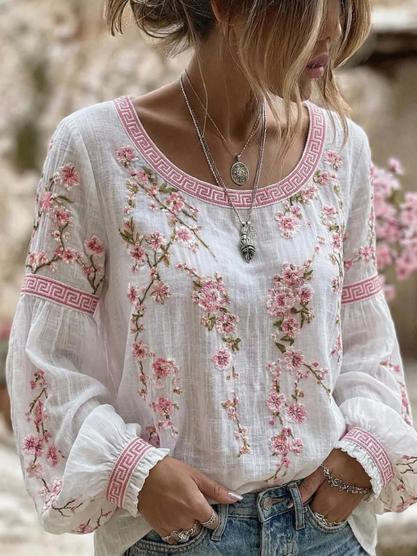 Elin™ | Romantische Geborduurde Bloemenblouse