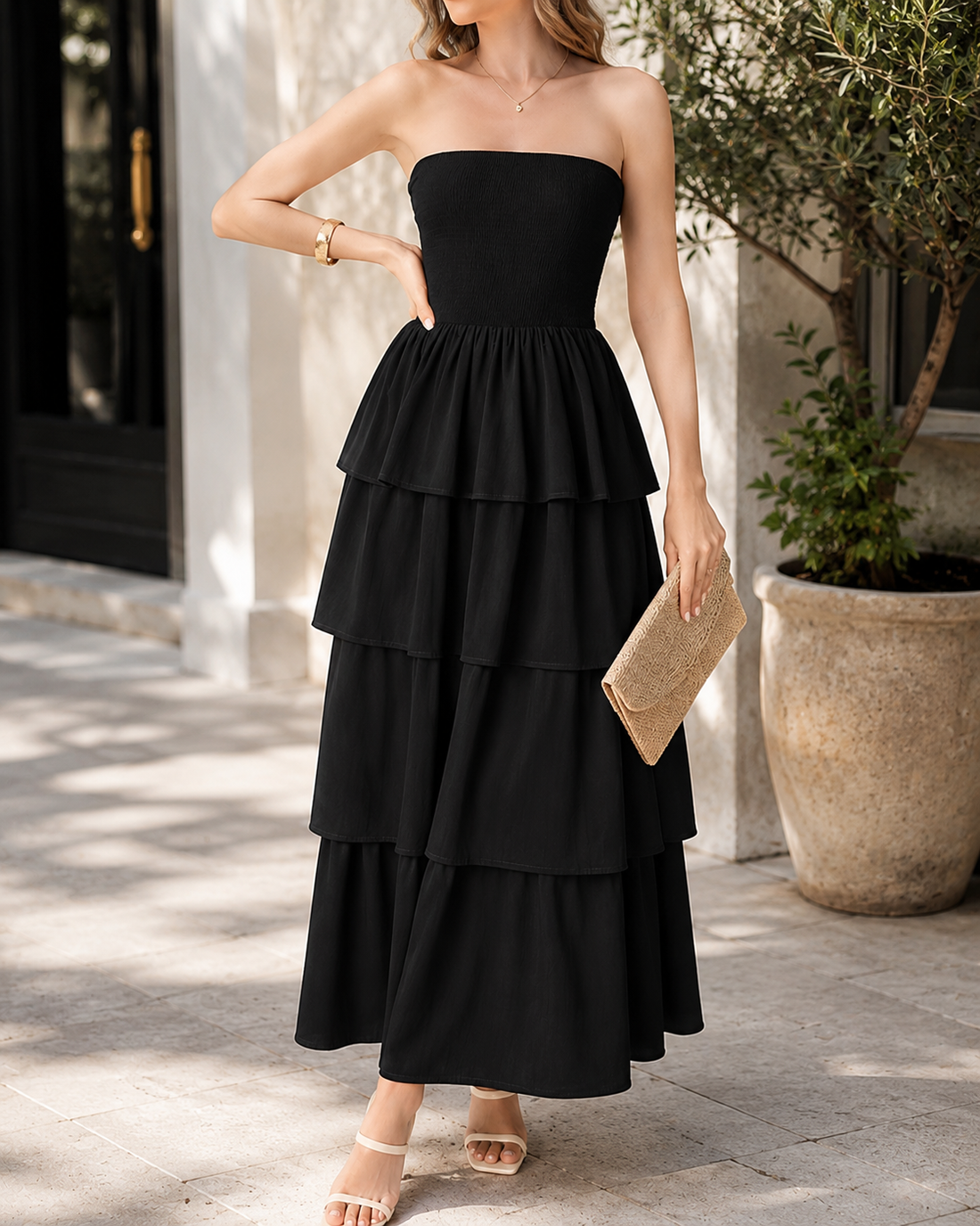 Zyra™ | Buikcamouflerende Strapless Maxi Jurk Met Laagjes
