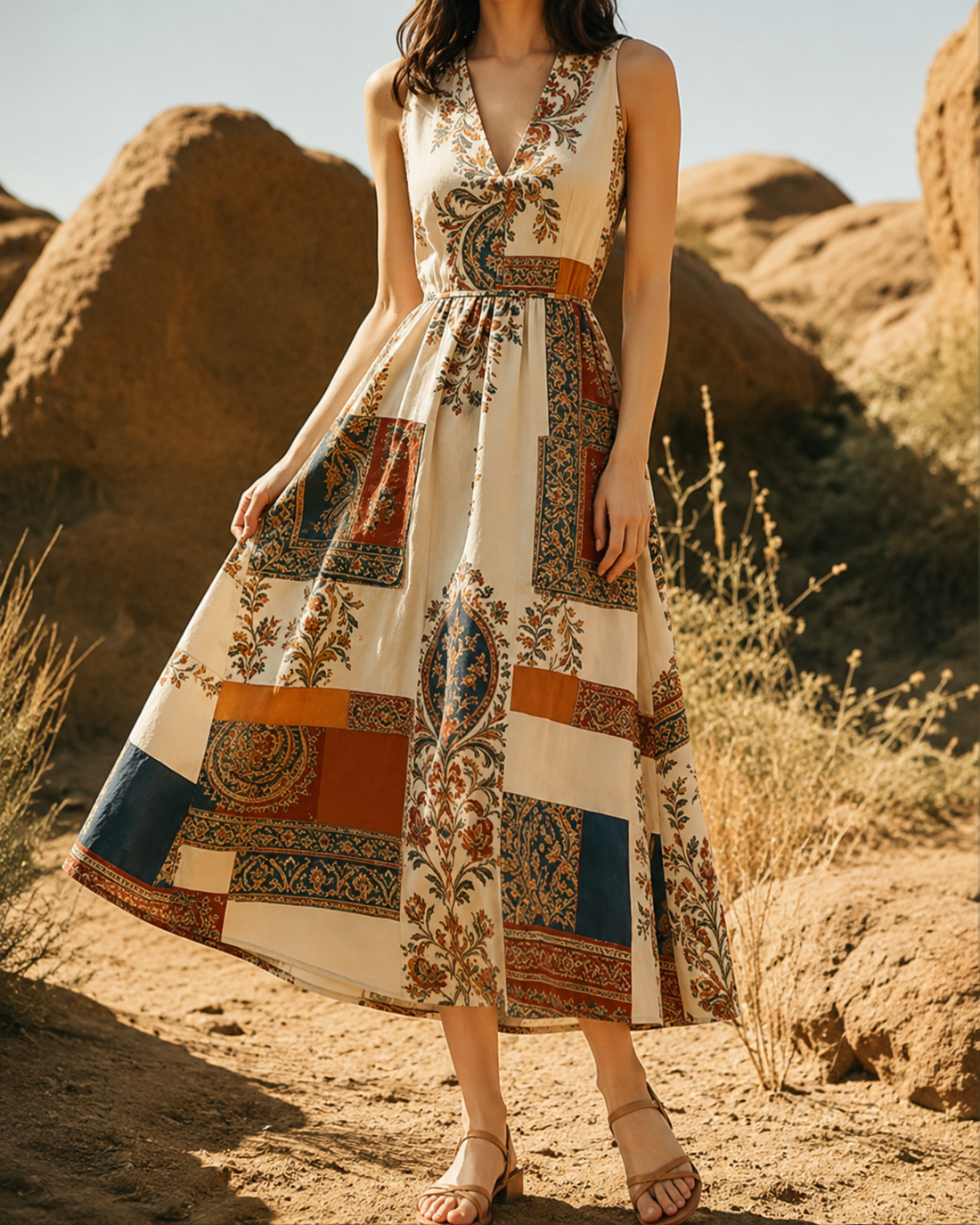 Helma™ | Vintage Patchwork Buikcamouflerende Midi Jurk