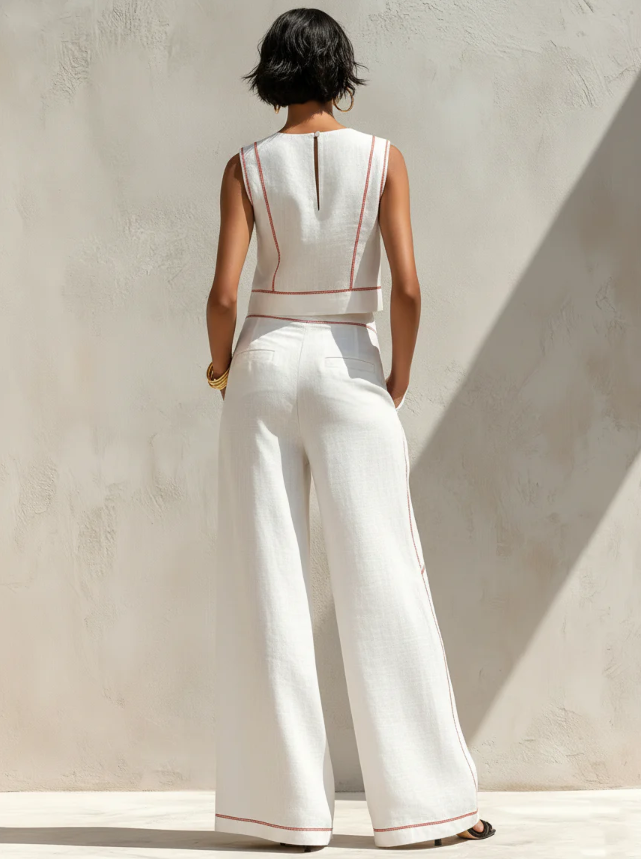 Bianca | Elegante Witte Co-ord Set Met Wijde Pijpen