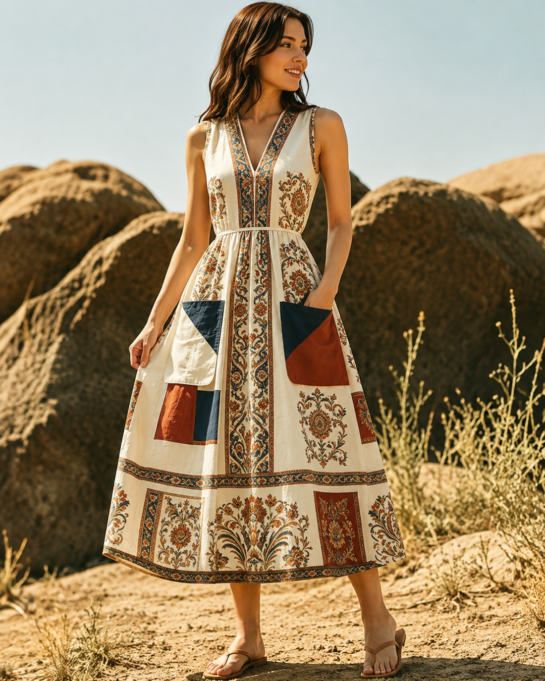 Helma™ | Vintage Patchwork Buikcamouflerende Midi Jurk