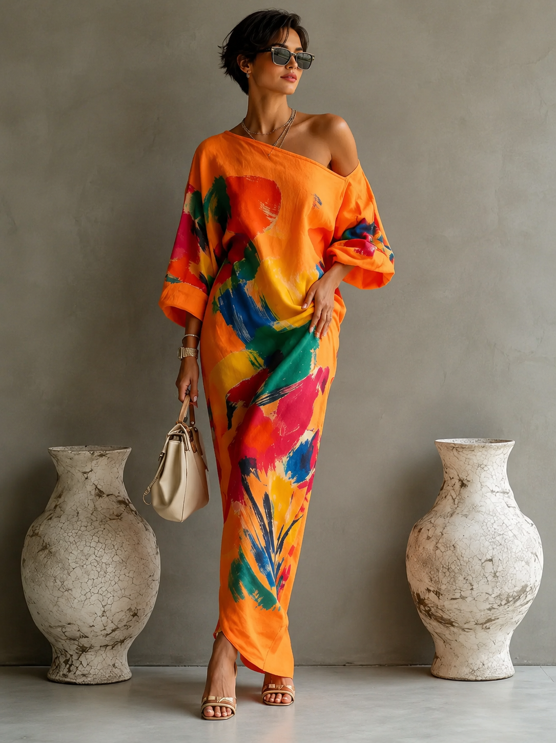 Daniella | Soepelvallende Abstracte Maxi Jurk