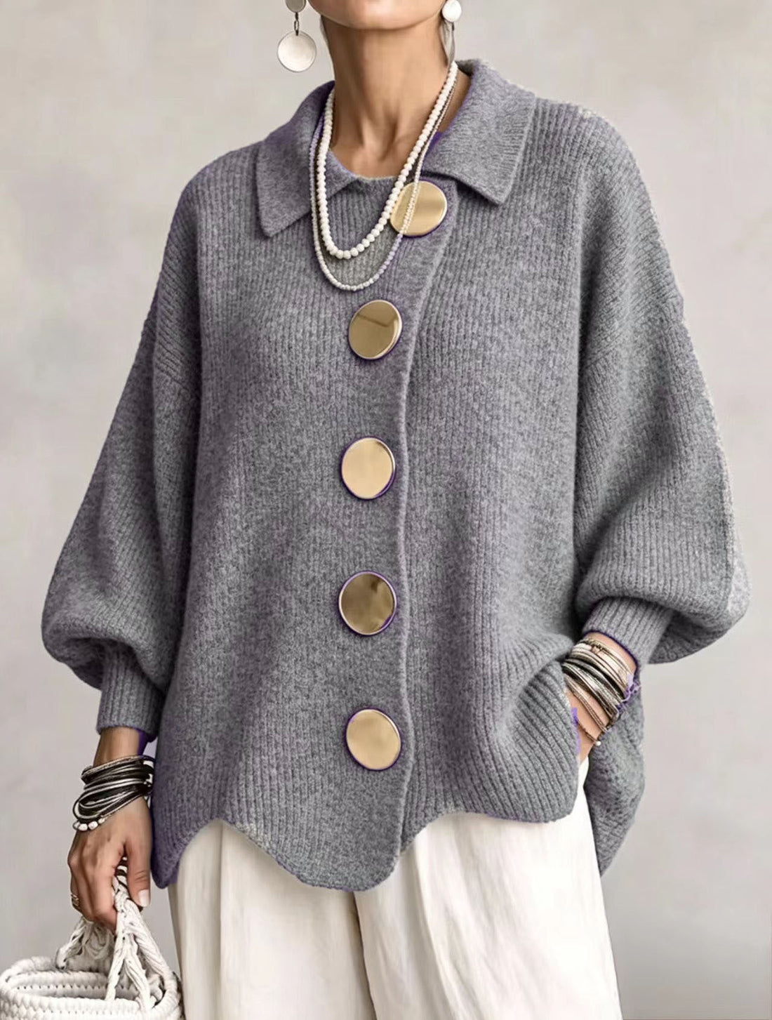 Annette™ | Elegante Oversized Vest met Grote Gouden Knopen