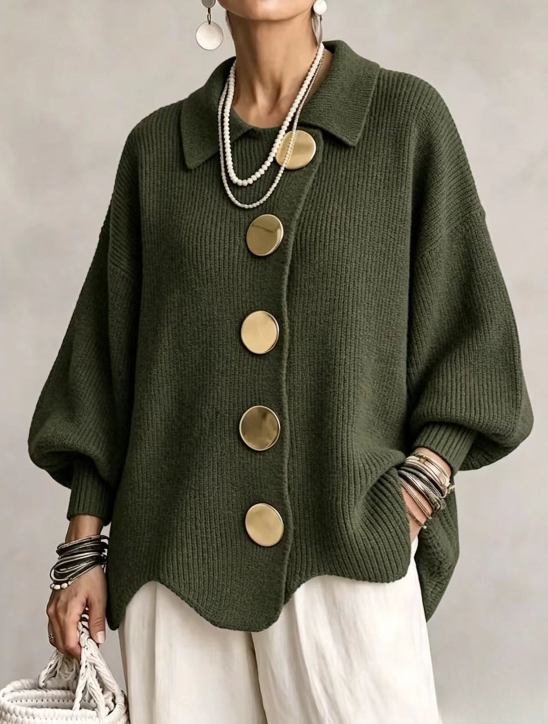 Annette™ | Elegante Oversized Vest met Grote Gouden Knopen