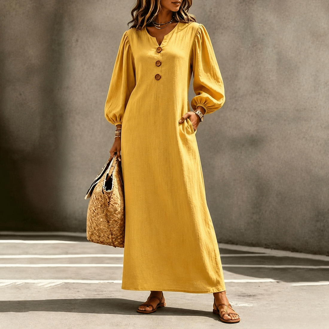 Astrid™ | Buikbedekkende Maxi Jurk Met V-Hals En Zakken