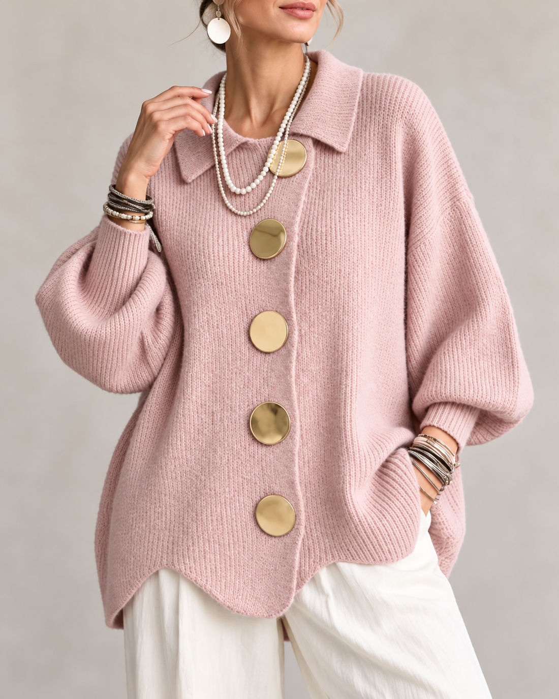 Stefania™ | Oversized Gebreid Vest met Kraag en Statementknopen