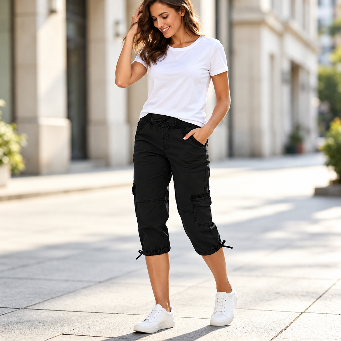 Elise™ | High-Waist Cargo Capri Broek Met Zakken