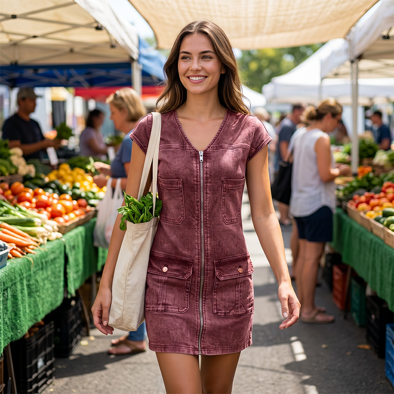 Linda | Buikbedekkende Denim-Look Mini Jurk Met Rits