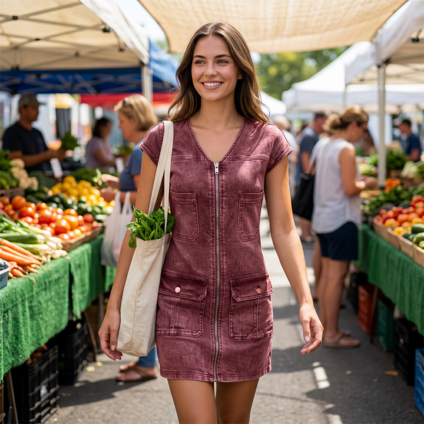 Linda™ | Buikbedekkende Denim-Look Mini Jurk Met Rits