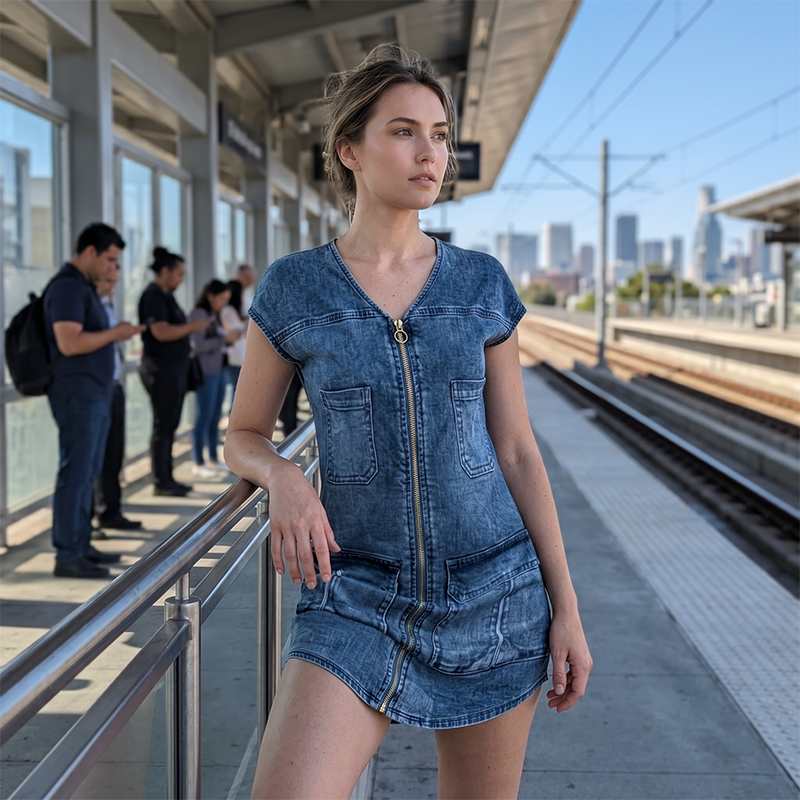 Linda | Buikbedekkende Denim-Look Mini Jurk Met Rits